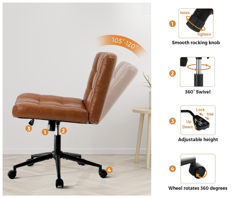 Oikiture Mid Back Office Chair Wide Seat PU Leather Brown w/Wheels-Office Chair-PEROZ Accessories