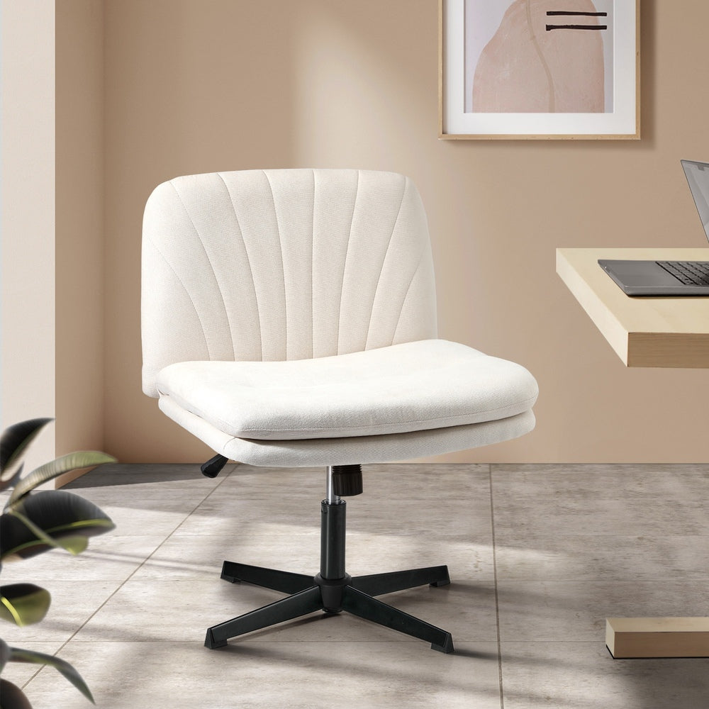 Oikiture Office Chair Wide Seat Linen Beige No Wheels-Office Chair-PEROZ Accessories