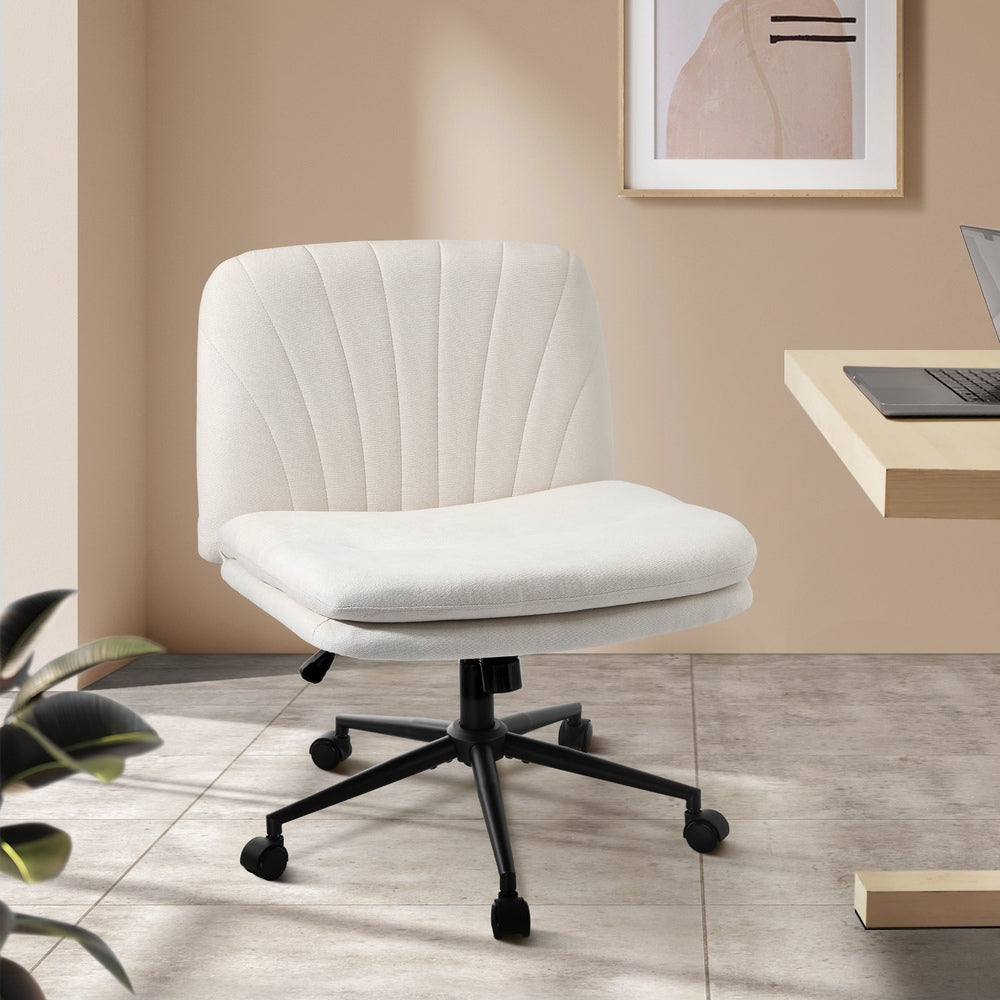 Oikiture Armless Office Chair Wide Seat Linen with Wheels Beige-Office Chair-PEROZ Accessories