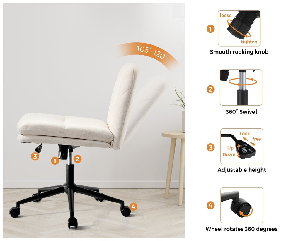 Oikiture Armless Office Chair Wide Seat Linen with Wheels Beige-Office Chair-PEROZ Accessories