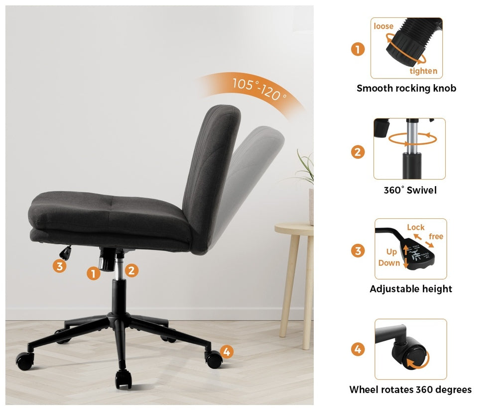 Oikiture Armless Office Chair Wide Seat Linen with Wheels Charcoal-Office Chair-PEROZ Accessories