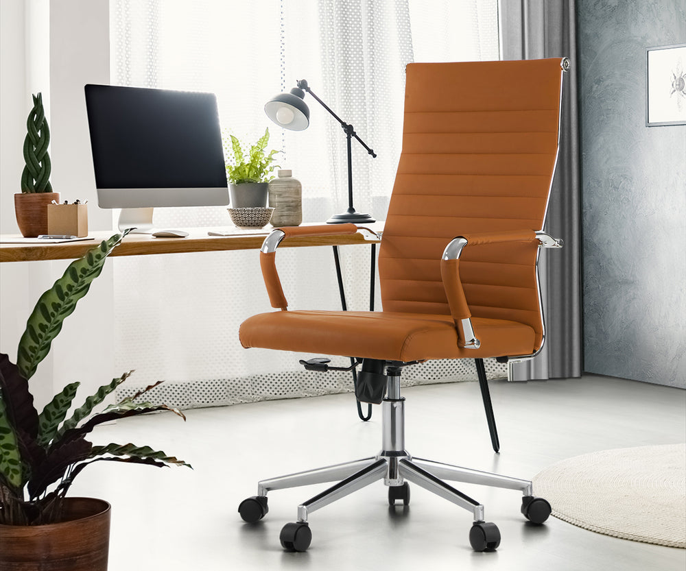 Oikiture Office Chair Swivel Desk Chair High Back Leather Brown-Office Chair-PEROZ Accessories