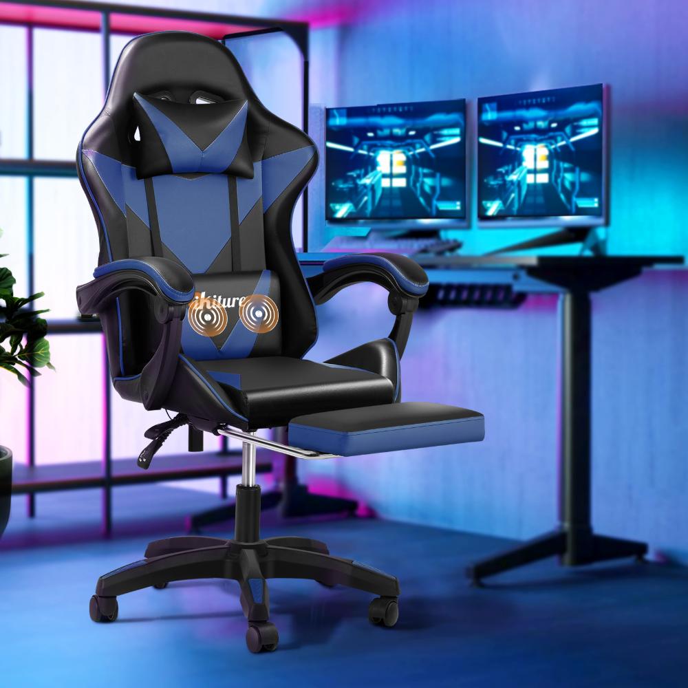 Oikiture Home Gaming Chair Executive Computer Desk Chair with Footrest and Lumbar Pillow Massage Office Chair Black and Blue-Massage Office Chairs-PEROZ Accessories