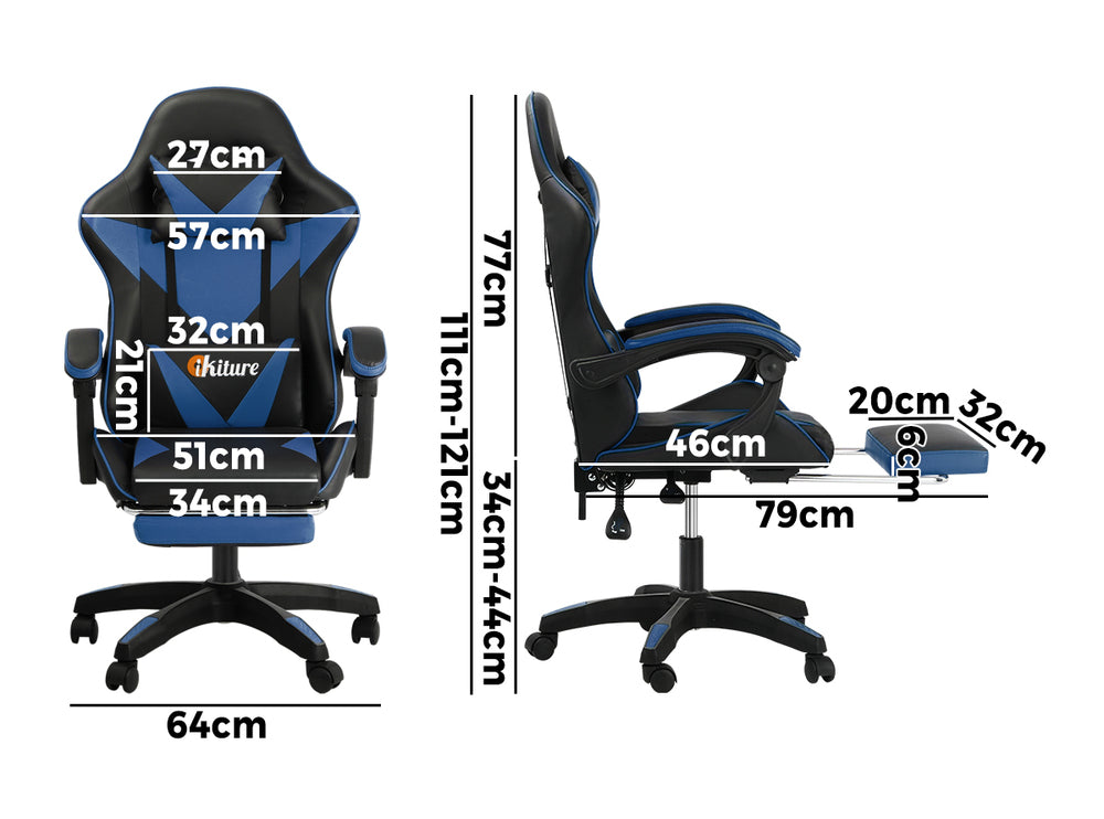 Oikiture Home Gaming Chair Executive Computer Desk Chair with Footrest and Lumbar Pillow Massage Office Chair Black and Blue-Office Chairs-PEROZ Accessories