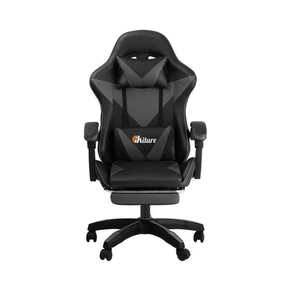 Oikiture Home Gaming Chair Executive Computer Desk Chair with Footrest and Lumbar Pillow Massage Office Chair Black and Grey-Massage Office Chairs-PEROZ Accessories
