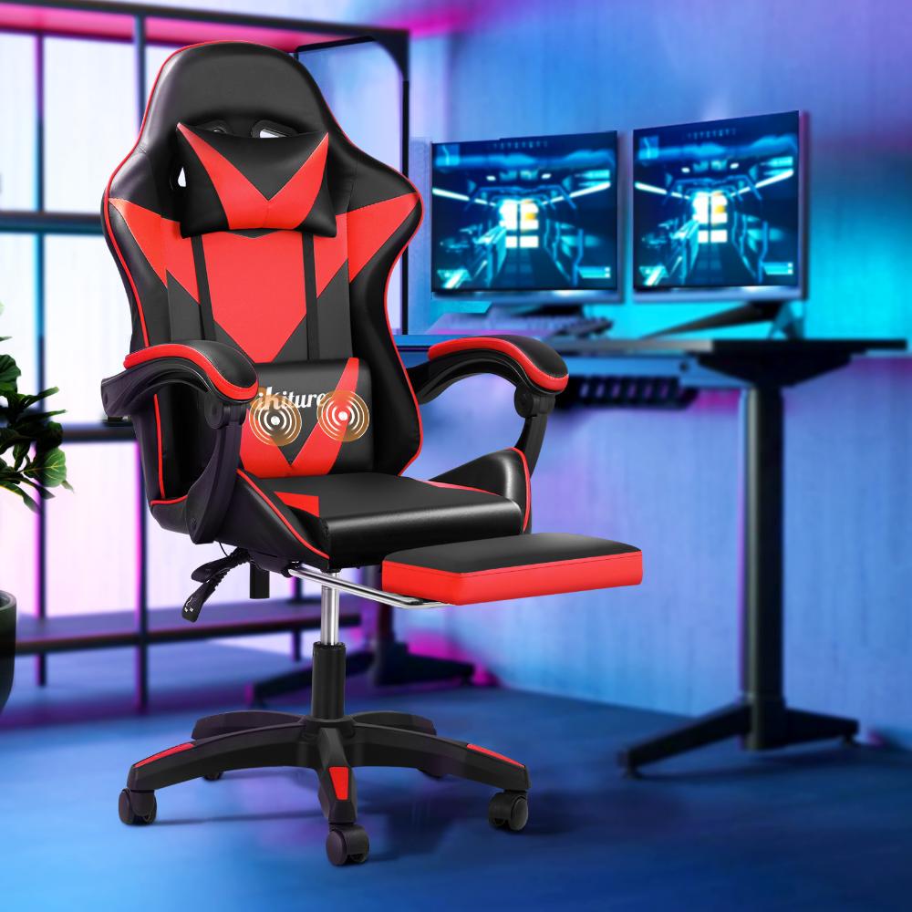 Oikiture Home Gaming Chair Executive Computer Desk Chair with Footrest and Lumbar Pillow Massage Office Chair Black and Red-Massage Office Chairs-PEROZ Accessories