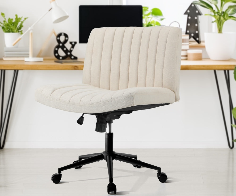 Oikiture Mid Back Office Chair Wide Seat with Wheels Linen Beige-Office Chairs-PEROZ Accessories
