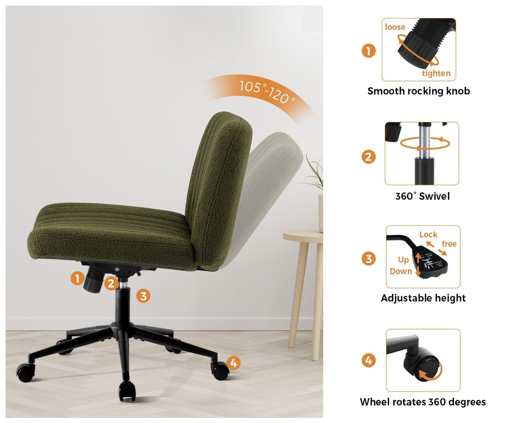 Oikiture Mid Back Armless Office Chair Wide Seat with Wheels Sherpa Green-Office Chair-PEROZ Accessories
