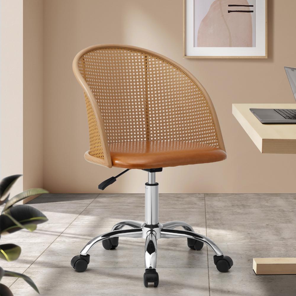 Oikiture Rattan Office Chair PU Leather Seat Light Brown-Office Chairs-PEROZ Accessories