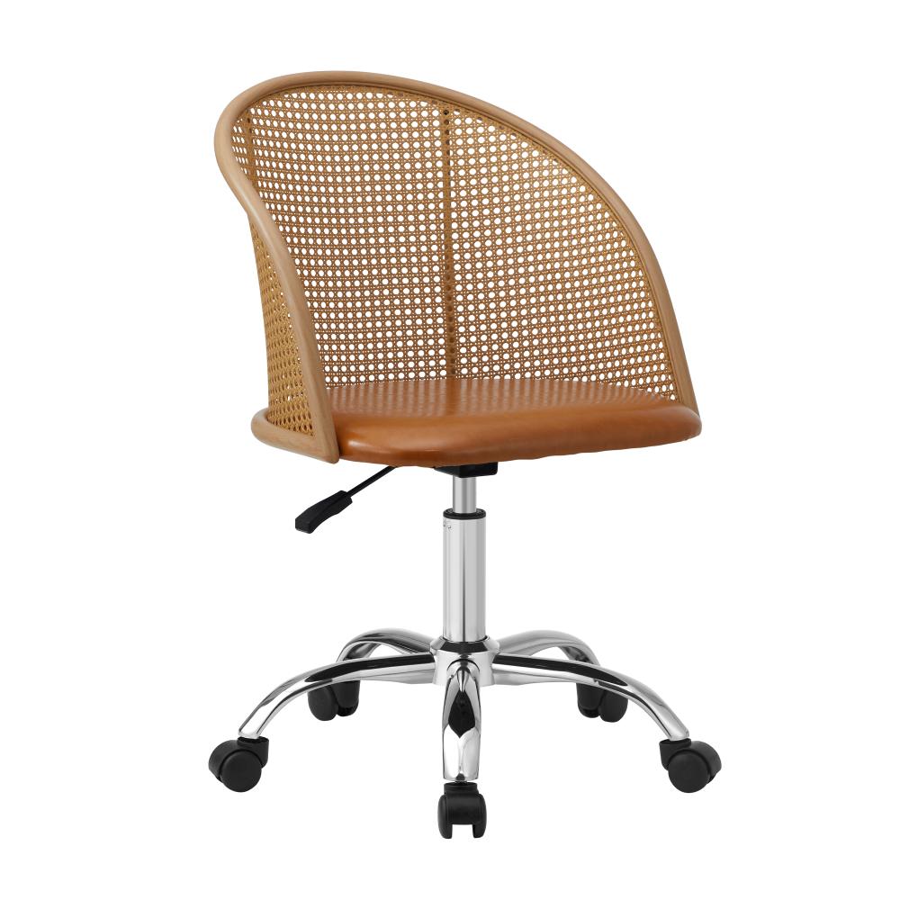 Oikiture Rattan Office Chair PU Leather Seat Light Brown-Office Chairs-PEROZ Accessories