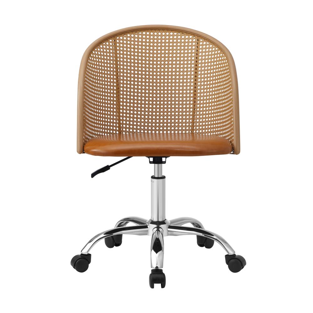 Oikiture Rattan Office Chair PU Leather Seat Light Brown-Office Chairs-PEROZ Accessories