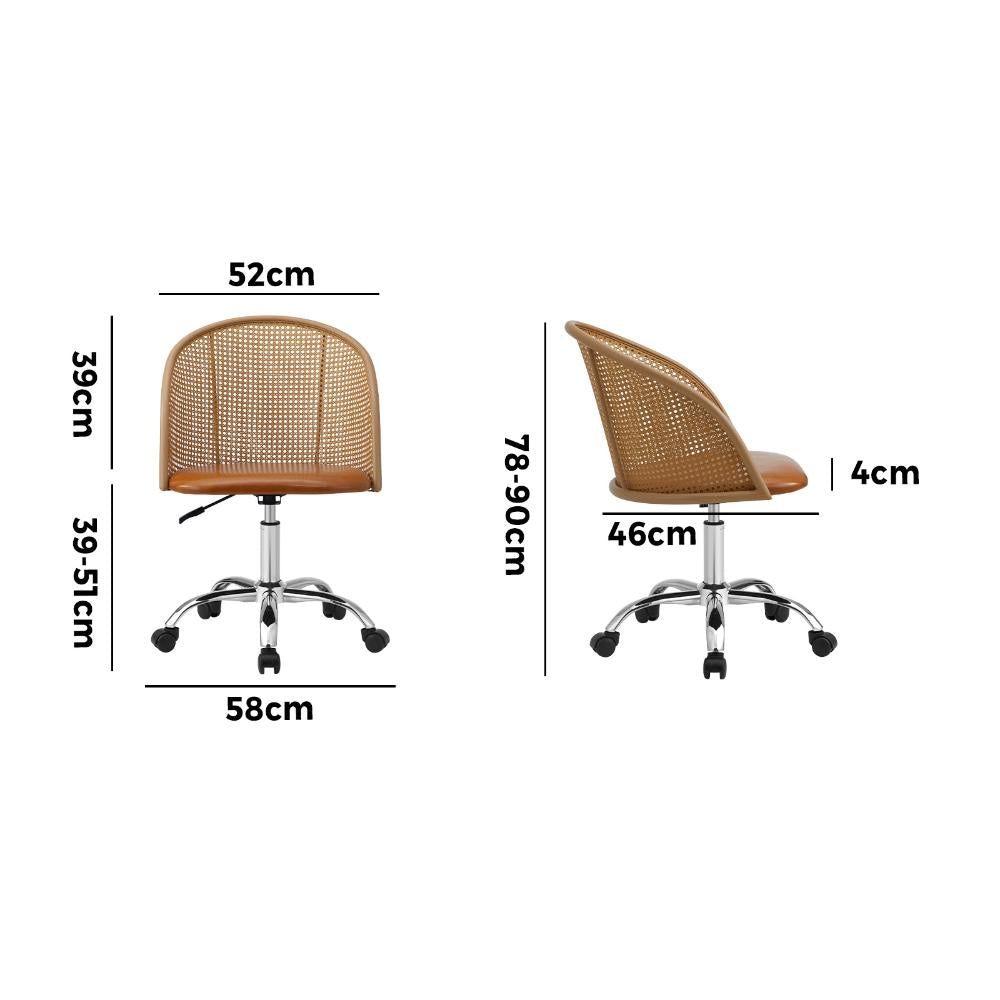 Oikiture Rattan Office Chair PU Leather Seat Light Brown-Office Chairs-PEROZ Accessories