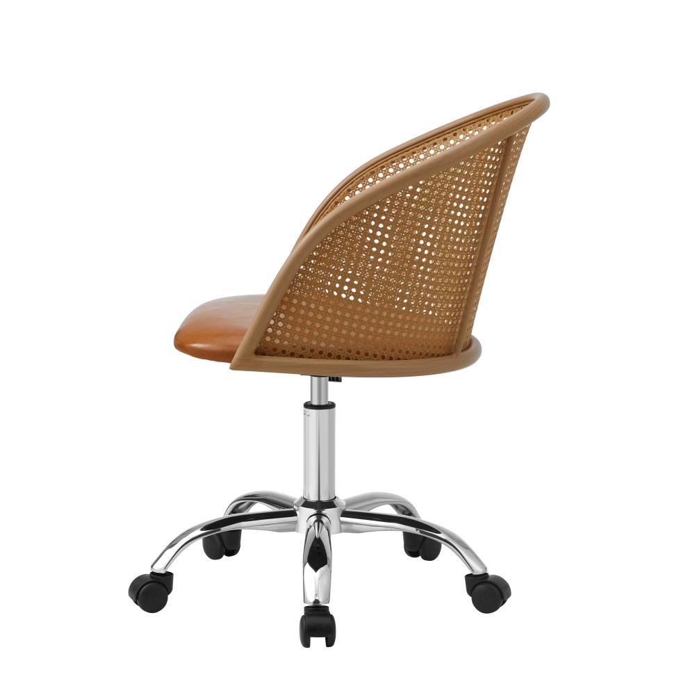 Oikiture Rattan Office Chair PU Leather Seat Light Brown-Office Chairs-PEROZ Accessories