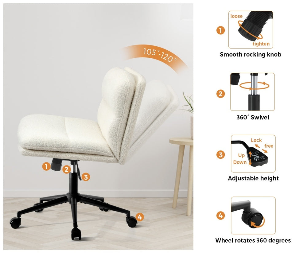 Oikiture Armless Office Chair Wide Seat Boucle White with Wheels-Office Chair-PEROZ Accessories