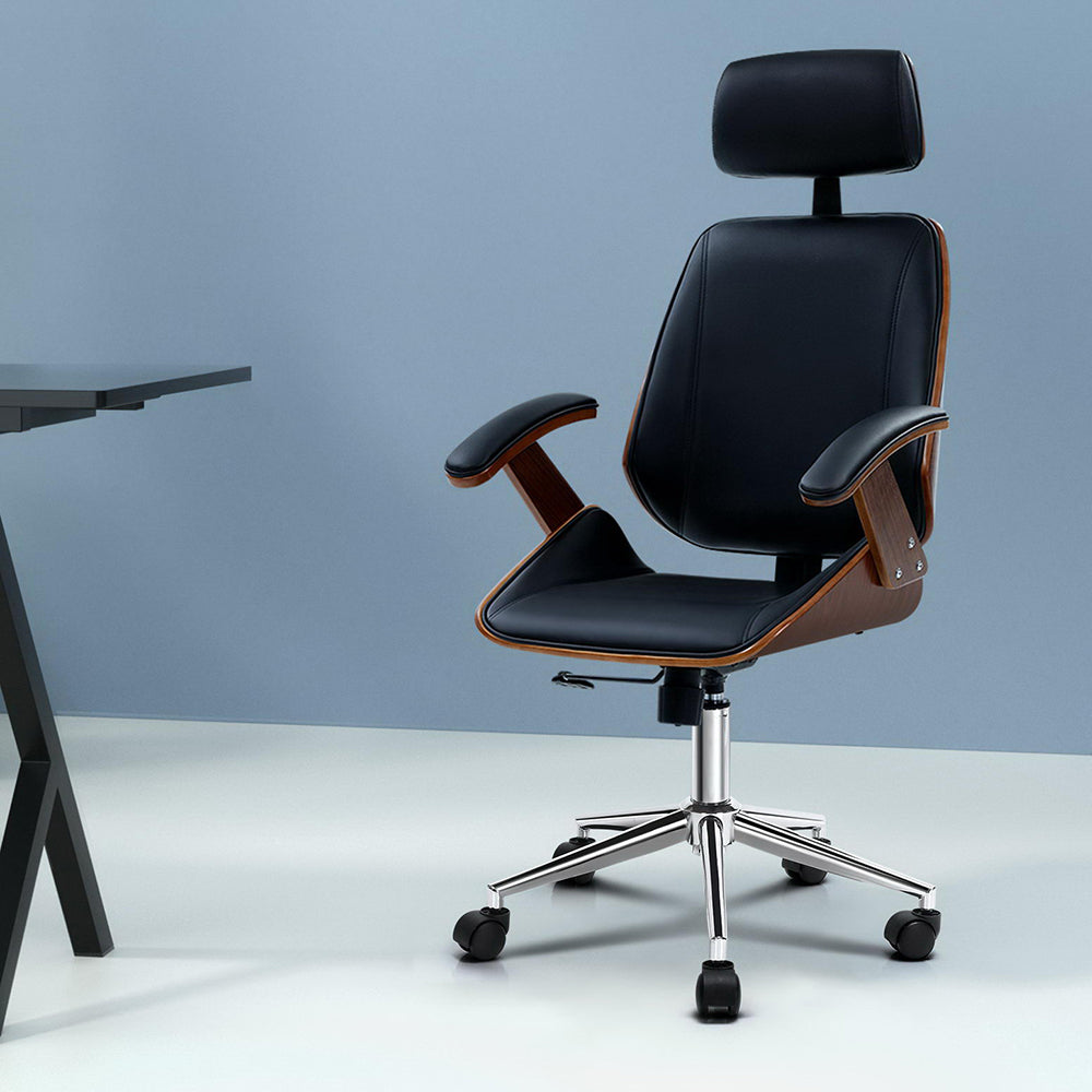 Artiss Wooden Office Chair Leather Seat Black-Furniture > Office-PEROZ Accessories