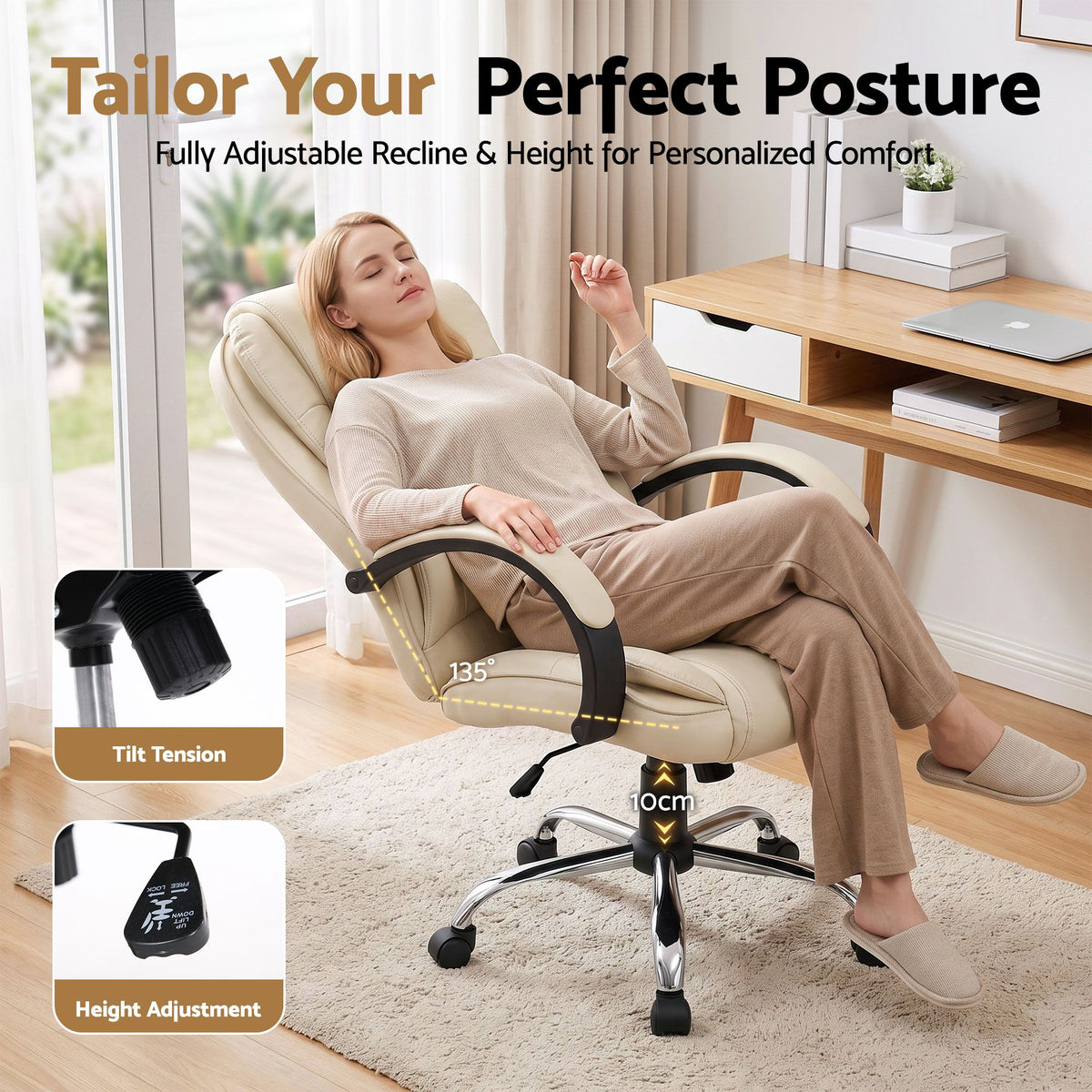 Artiss Executive Office Chair Leather Tilt Beige-Furniture > Office-PEROZ Accessories