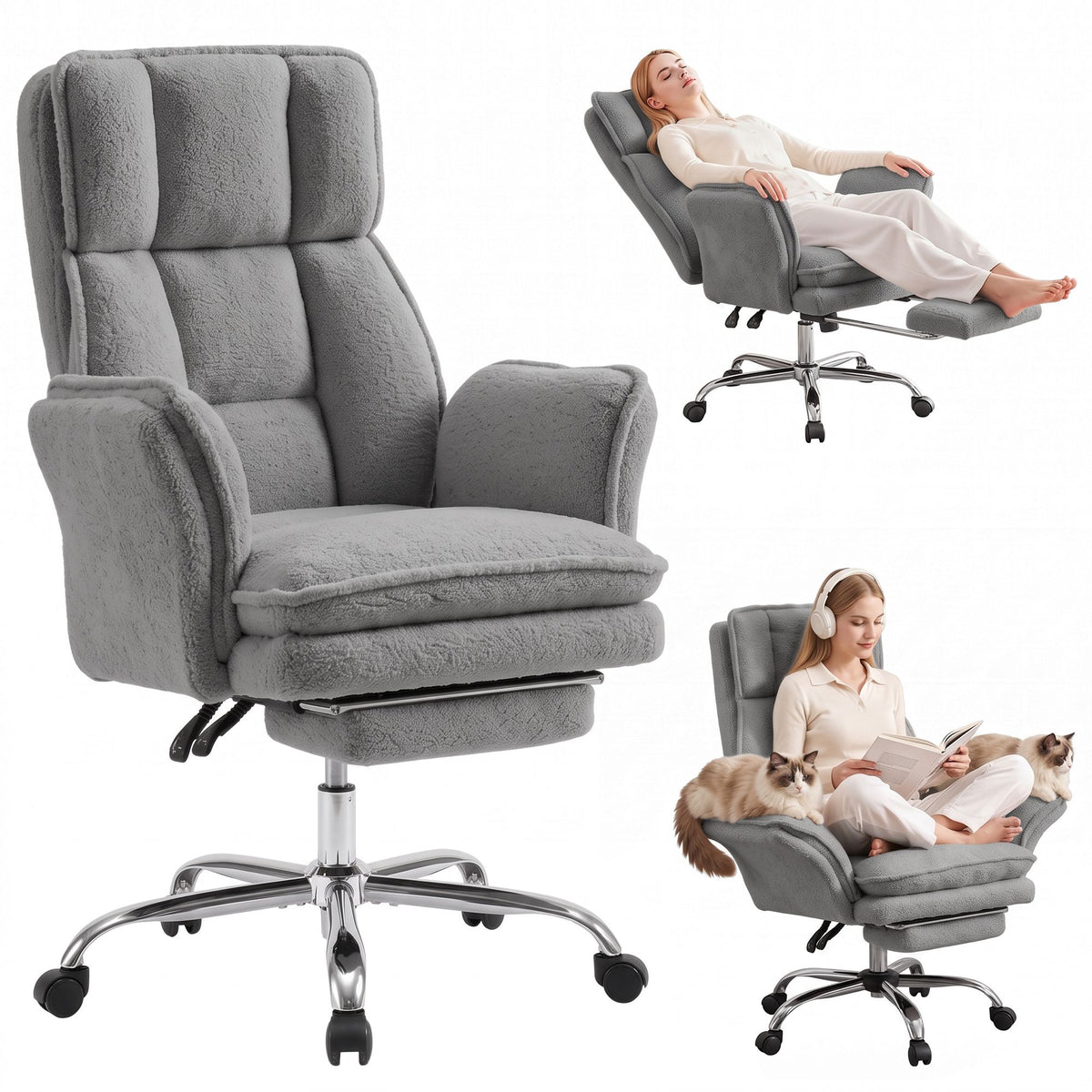 Artiss Big & Tall Criss Cross Office Chair with Flip Armrests Foot Rest Reclining Teddy Fleece Grey-Furniture > Office > Office & Desk Chairs-PEROZ Accessories