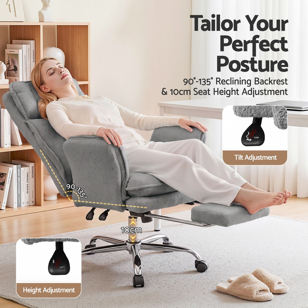 Artiss Big & Tall Criss Cross Office Chair with Flip Armrests Foot Rest Reclining Teddy Fleece Grey-Furniture > Office > Office & Desk Chairs-PEROZ Accessories