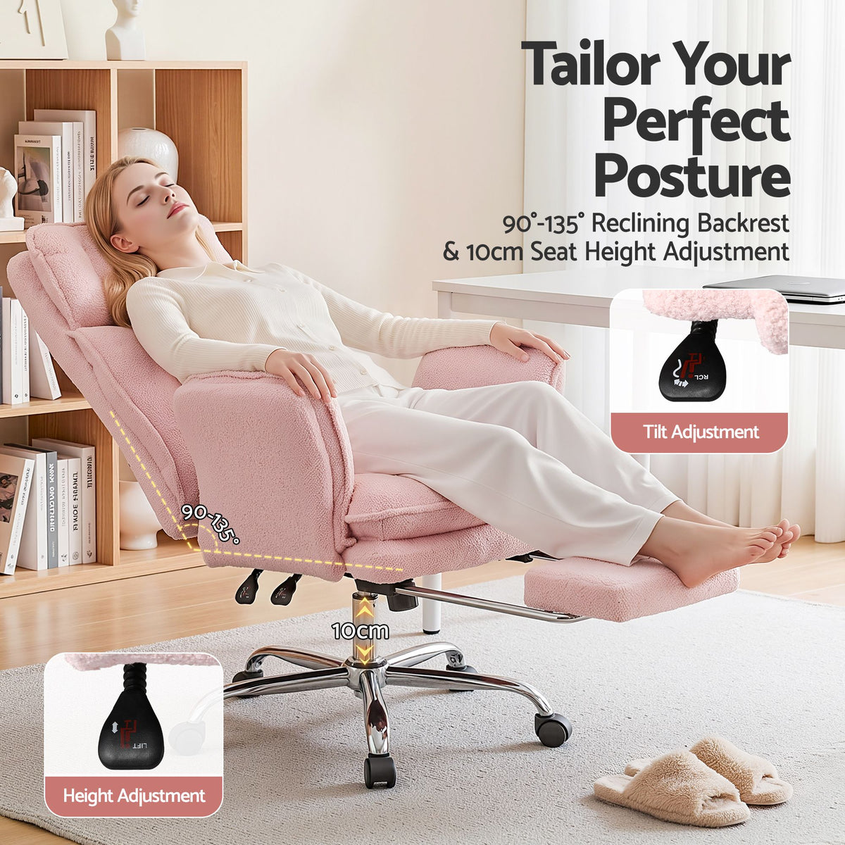 Artiss Big & Tall Criss Cross Office Chair with Flip Armrests Foot Rest Reclining Teddy Fleece Pink-Furniture > Office > Office & Desk Chairs-PEROZ Accessories