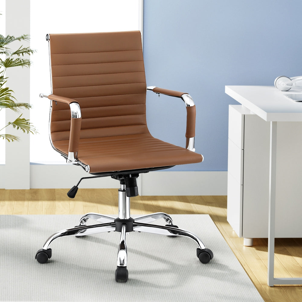Artiss Office Chair Conference Chairs PU Leather Mid Back Brown-Furniture > Bar Stools & Chairs > Gaming Chairs-PEROZ Accessories