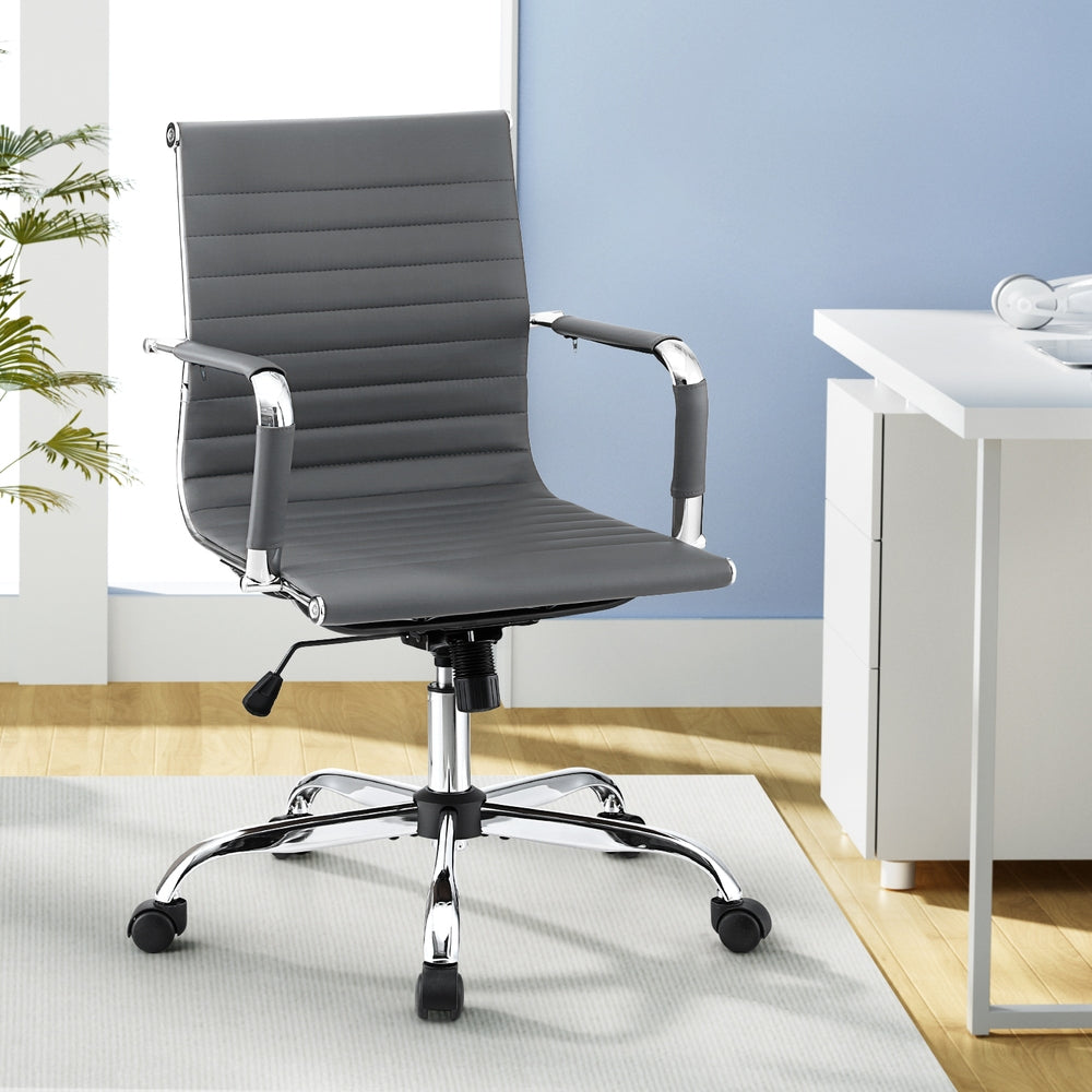 Artiss Office Chair Conference Chairs PU Leather Mid Back Grey-Furniture > Bar Stools & Chairs > Gaming Chairs-PEROZ Accessories