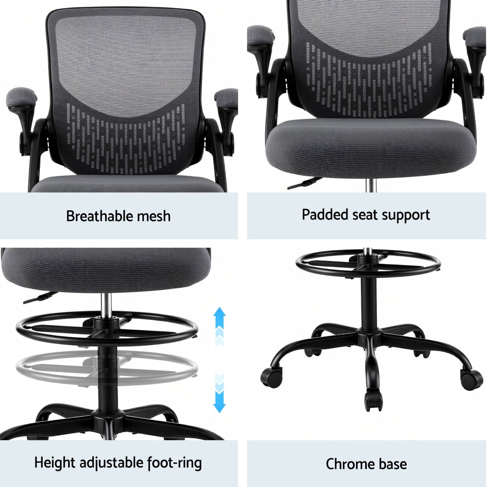 Artiss Office Chair Drafting Chairs Stool Computer Desk Studios Mesh Grey-Furniture > Office > Office & Desk Chairs-PEROZ Accessories