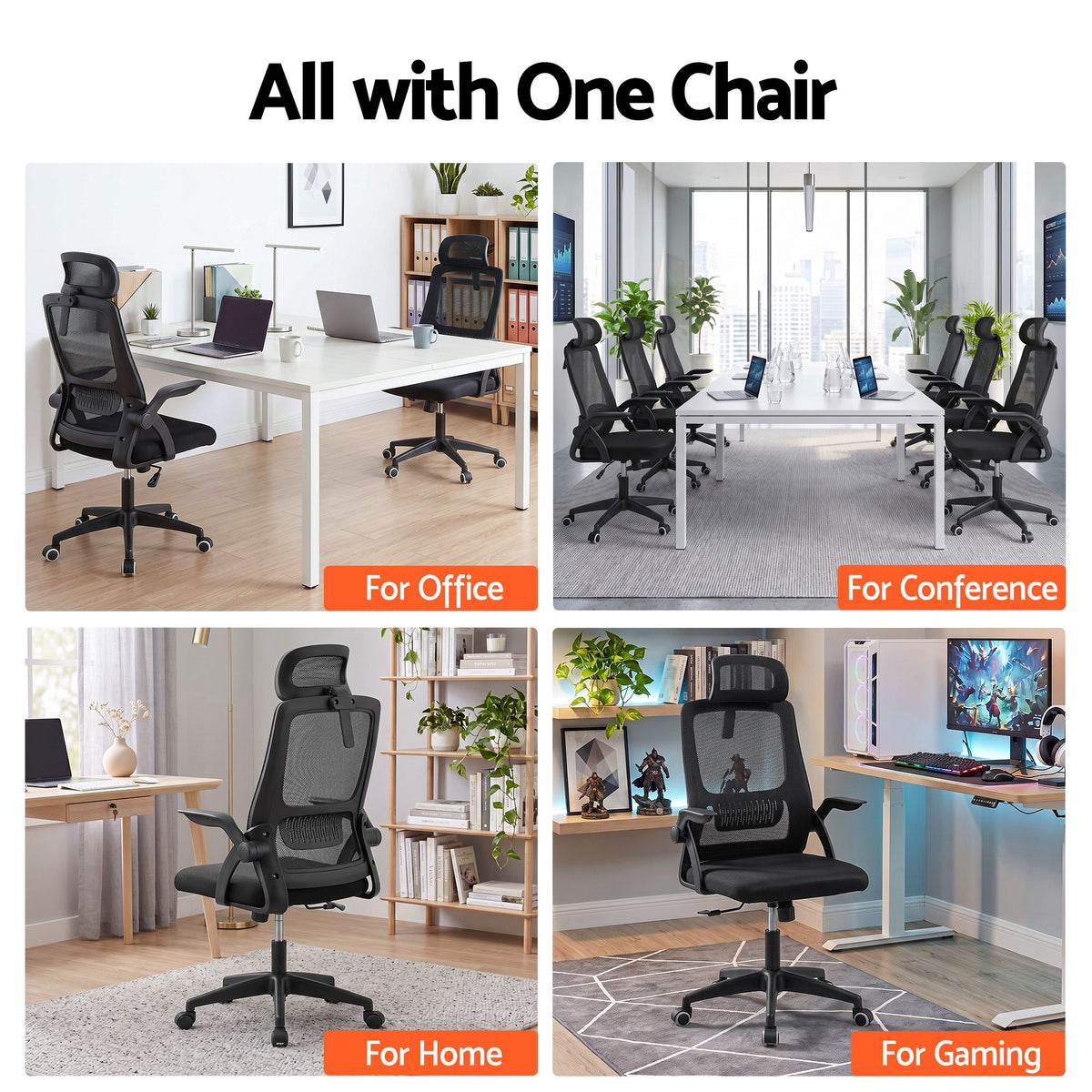 Artiss Ergonomic Office Chair Mesh Deak Chair with Flip-up Arms Adjustable Headrest Black-Furniture > Office > Office & Desk Chairs-PEROZ Accessories