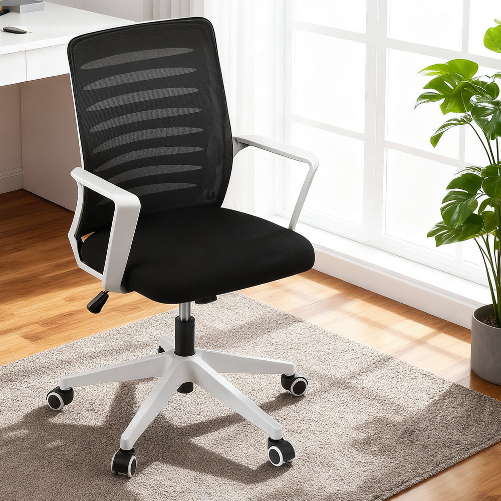 Artiss Ergonomic Office Chair Mesh Computer Desk Chairs with Lumbar Support, Height Adjustment Swivel Chair Mid Back for Home Office Study, Black and White-Furniture > Office > Office & Desk Chairs-PEROZ Accessories