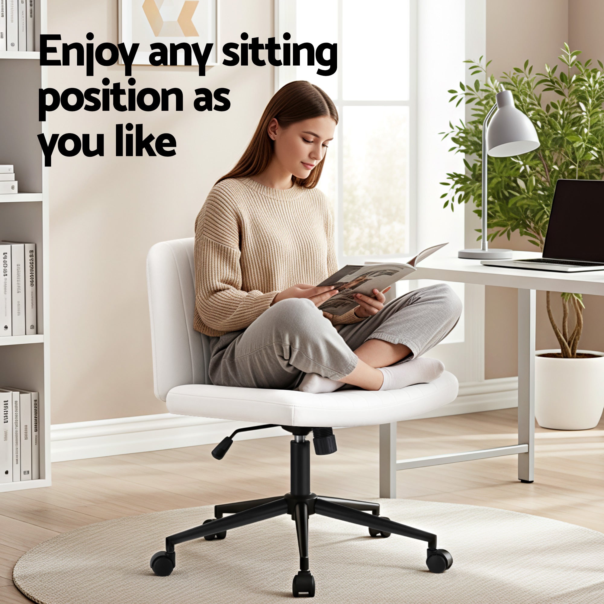 Artiss Criss Cross Chair with Wheels Wide Cross Legged Office Desk Vanity Chair PU Leather, Armless Height Adjustable Swivel Home Office Chair for Home Computer Task, White-Furniture > Office > Office & Desk Chairs-PEROZ Accessories
