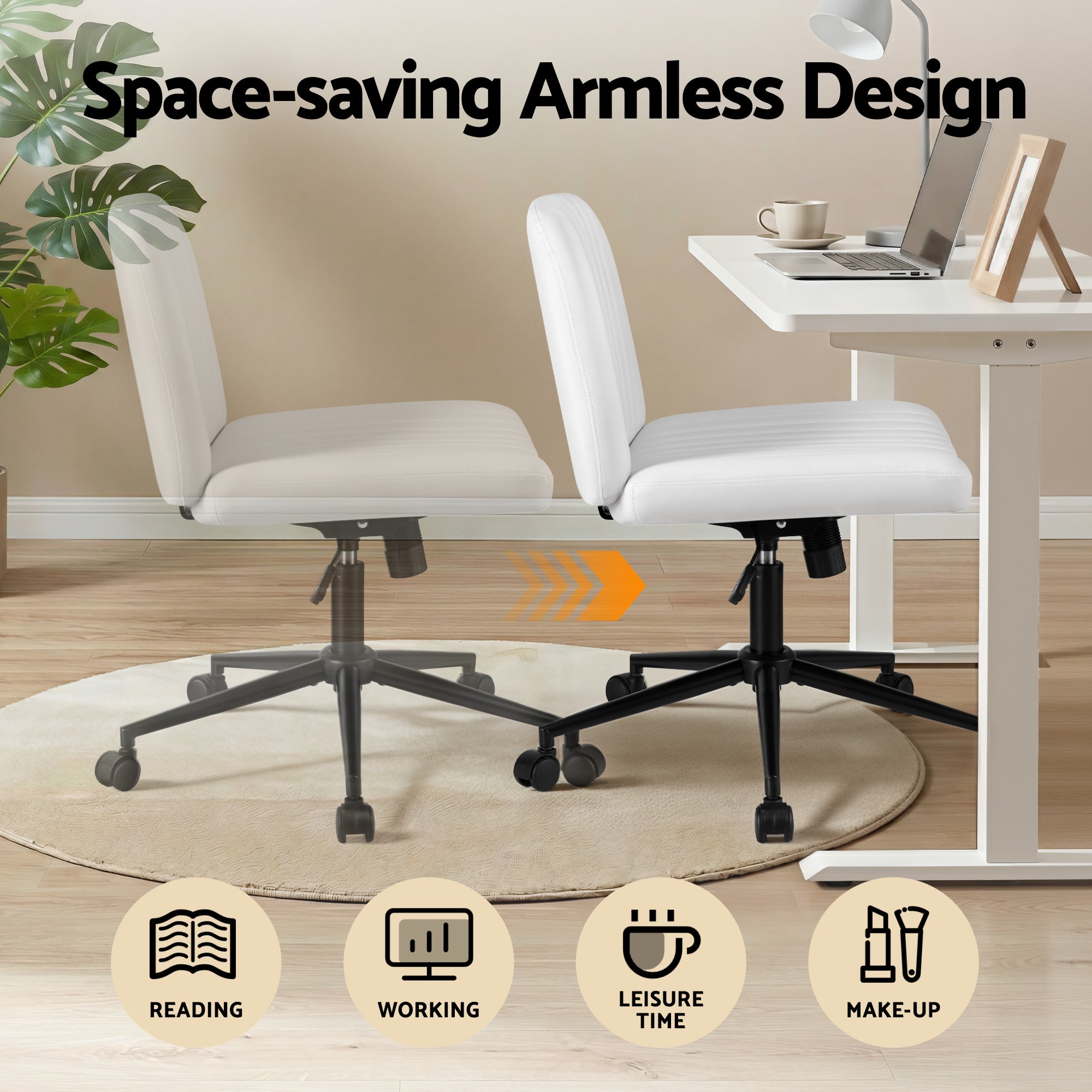 Artiss Criss Cross Chair with Wheels Wide Cross Legged Office Desk Vanity Chair PU Leather, Armless Height Adjustable Swivel Home Office Chair for Home Computer Task, White-Furniture > Office > Office & Desk Chairs-PEROZ Accessories
