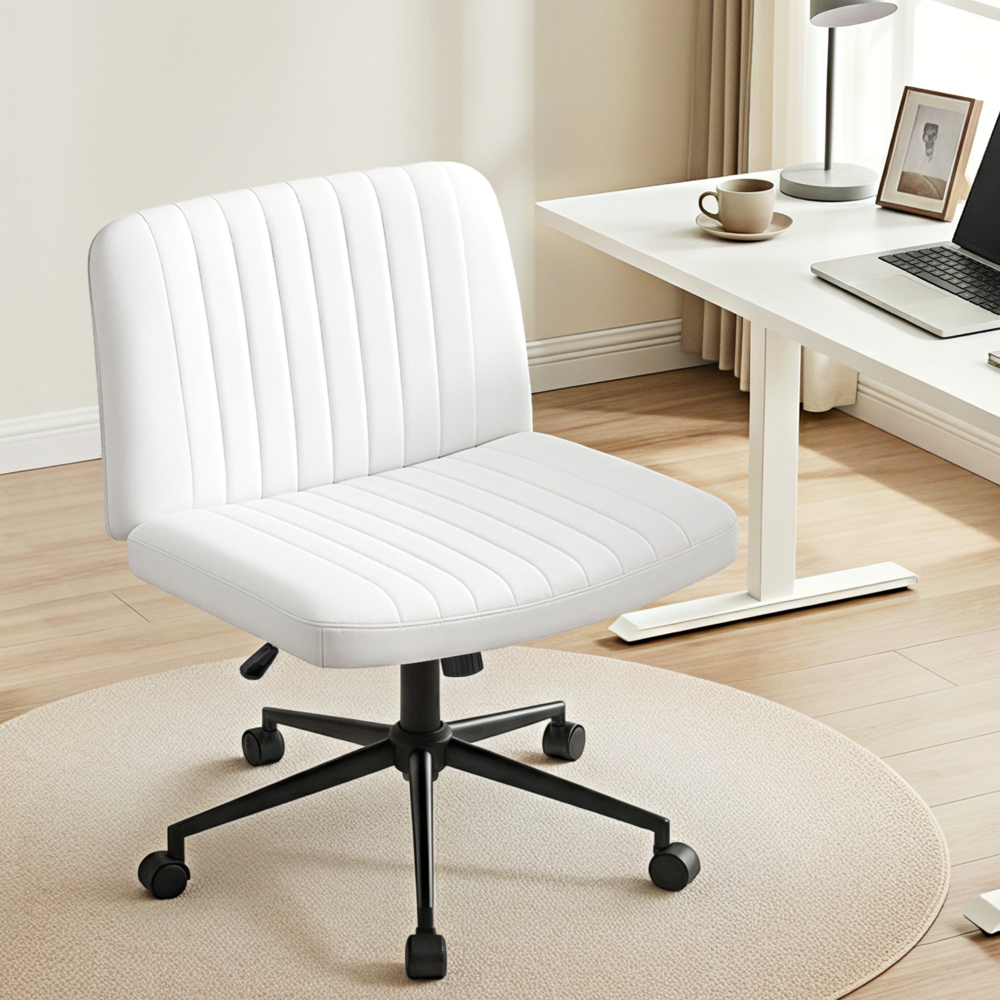 Artiss Criss Cross Chair with Wheels Wide Cross Legged Office Desk Vanity Chair PU Leather, Armless Height Adjustable Swivel Home Office Chair for Home Computer Task, White-Furniture > Office > Office & Desk Chairs-PEROZ Accessories