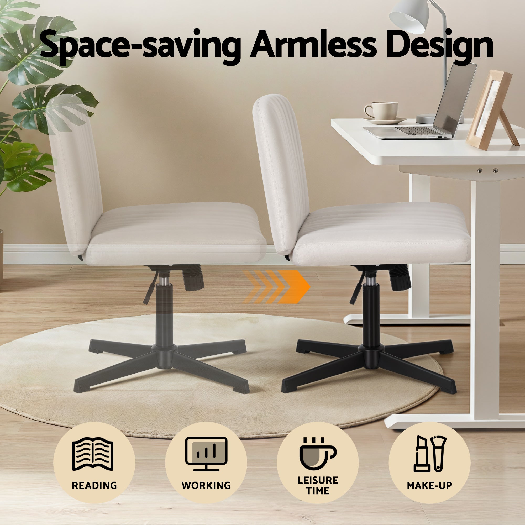 Artiss Criss Cross Chair No Wheels Fabric Wide Cross Legged Office Desk Vanity Chair Armless, Height Adjustable, Swivel Home Office Chair for Home Computer Task, Beige-Furniture > Office > Office & Desk Chairs-PEROZ Accessories