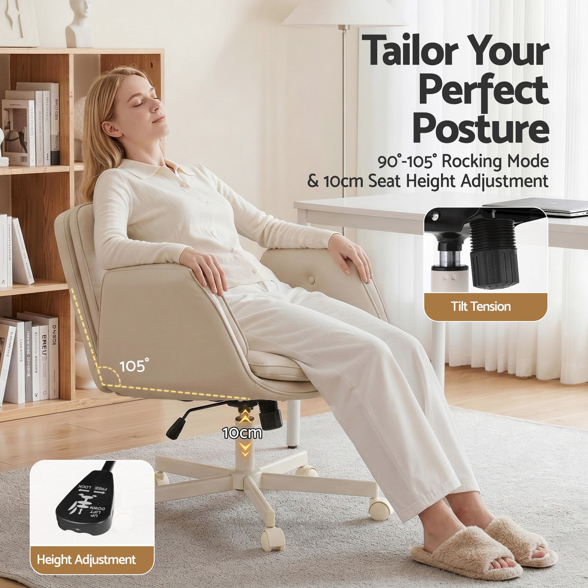 Artiss Criss Cross Chair with Wheels & Adjustable Armrests, Ergonomic Cross Legged Office Desk Chair PU Leather Vanity Chair Swivel for Home, Make Up, Bedroom, Computer, Beige-Furniture > Office > Office & Desk Chairs-PEROZ Accessories