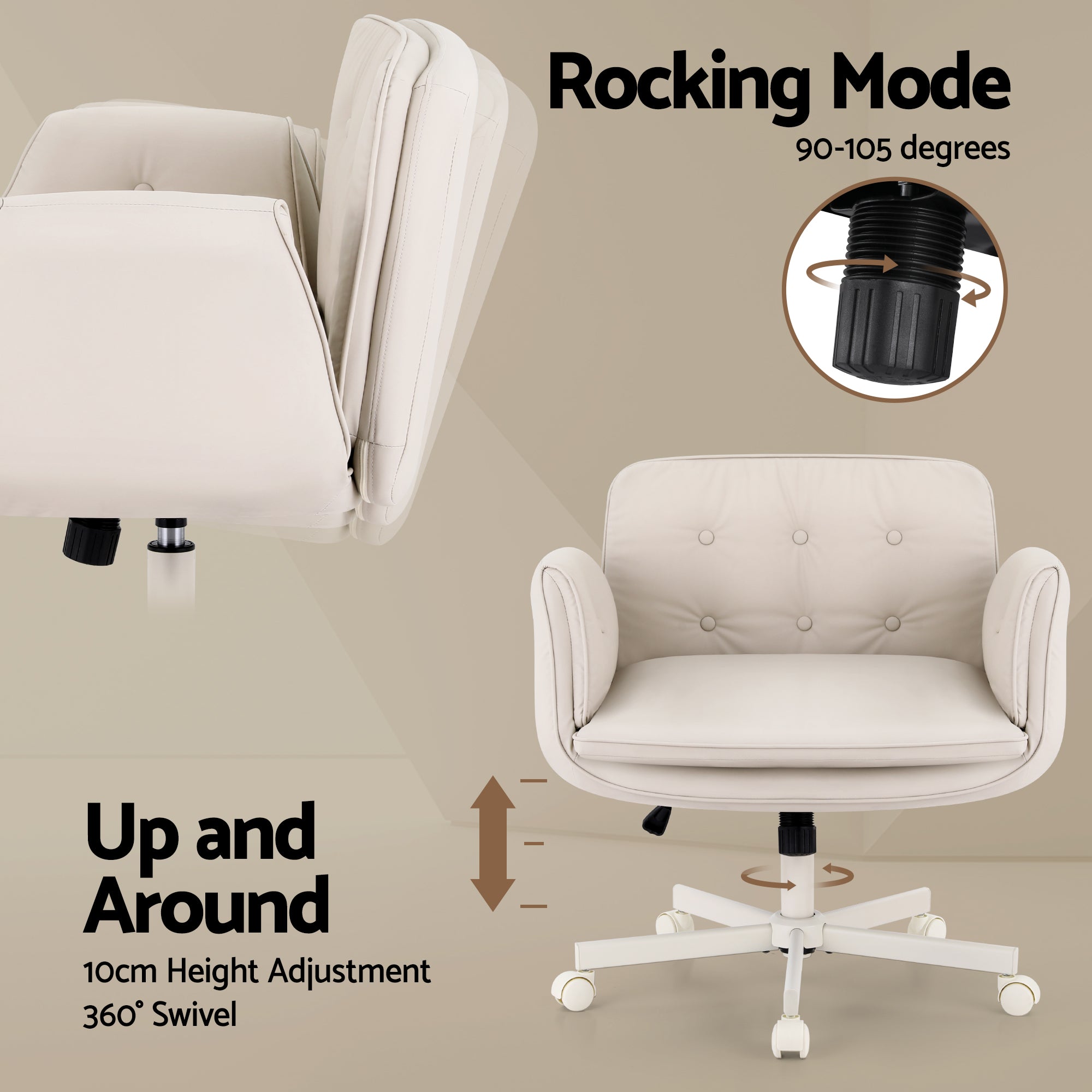 Artiss Criss Cross Chair with Wheels & Adjustable Armrests, Ergonomic Cross Legged Office Desk Chair PU Leather Vanity Chair Swivel for Home, Make Up, Bedroom, Computer, Beige-Furniture > Office > Office & Desk Chairs-PEROZ Accessories