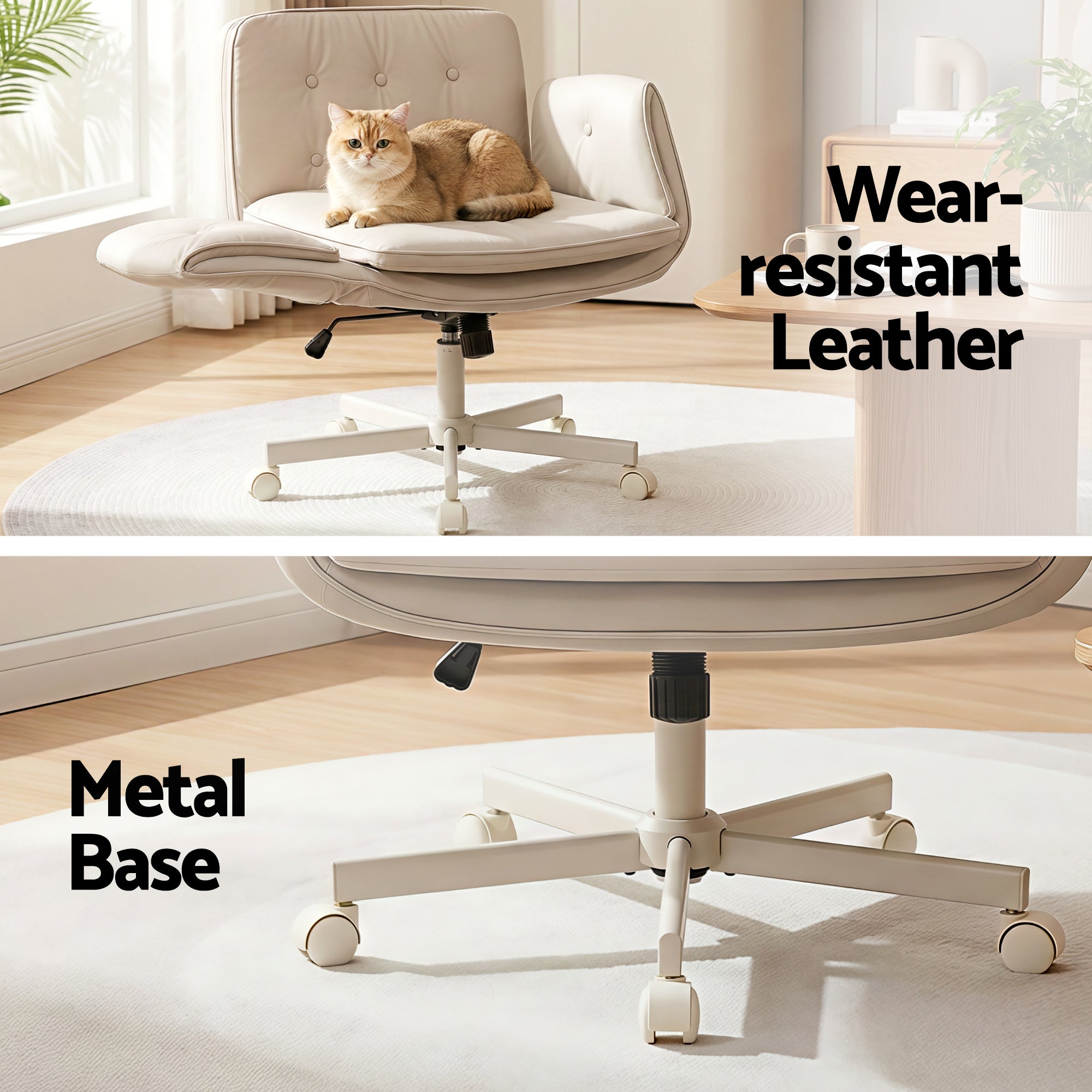 Artiss Criss Cross Chair with Wheels & Adjustable Armrests, Ergonomic Cross Legged Office Desk Chair PU Leather Vanity Chair Swivel for Home, Make Up, Bedroom, Computer, Beige-Furniture > Office > Office & Desk Chairs-PEROZ Accessories