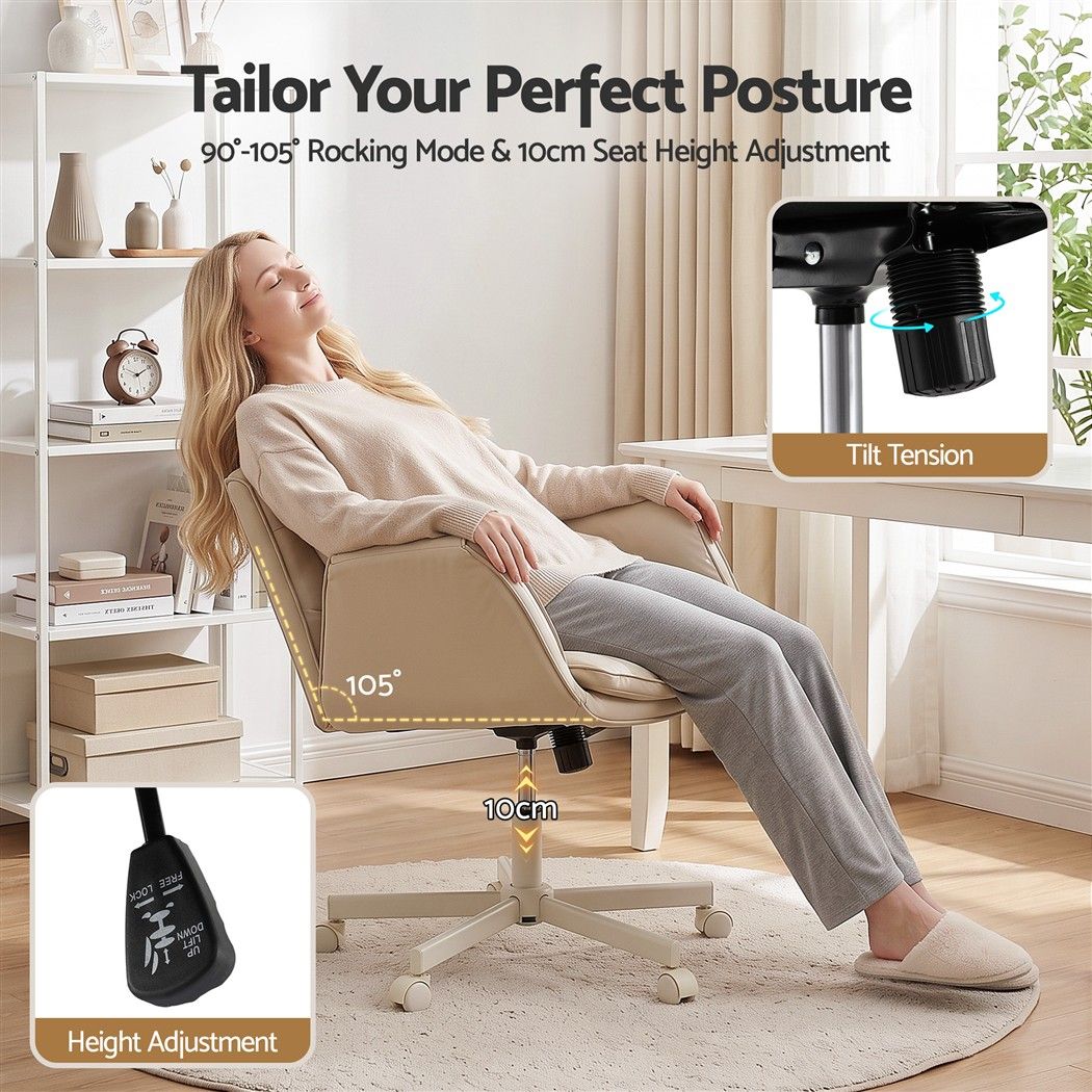 Artiss Cross Legged Office Chair PU Leather Swivel Vanity Chair Wide Seat Adjustable Arms Beige-Furniture > Office > Office & Desk Chairs-PEROZ Accessories