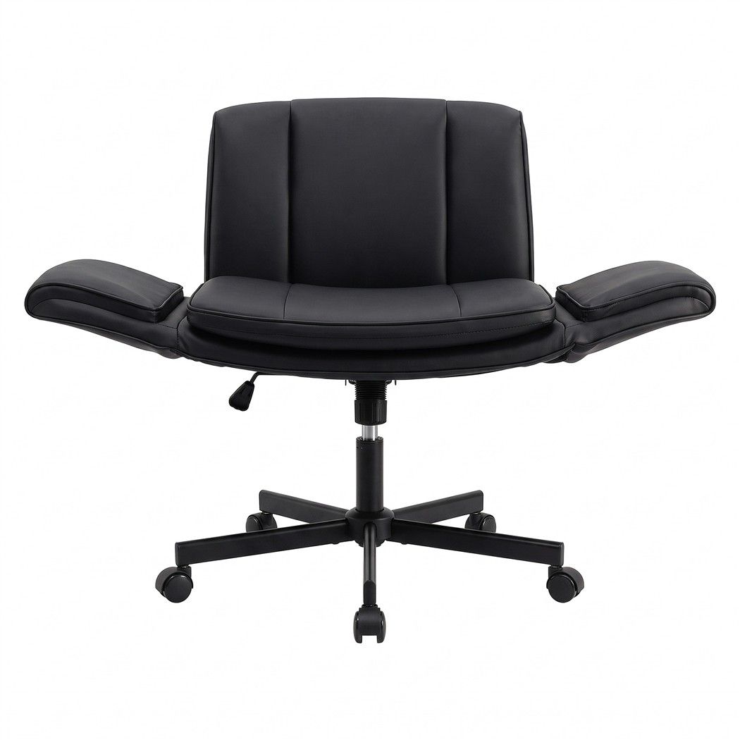 Artiss Cross Legged Office Chair PU Leather Swivel Vanity Chair Wide Seat Adjustable Arms Black-Furniture > Office > Office & Desk Chairs-PEROZ Accessories