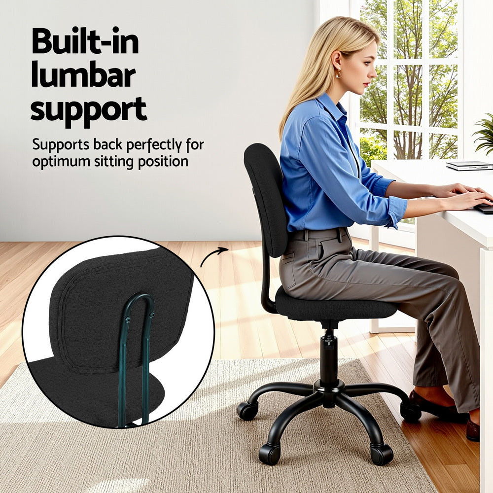 Artiss Armless Office Chair with Wheels, Ergonomic 360° Swivel Home Office Desk Chair, Height Adjustable Computer Task Chair with Fabric Back and Seat for Small Space, Black-Furniture > Office > Office & Desk Chairs-PEROZ Accessories