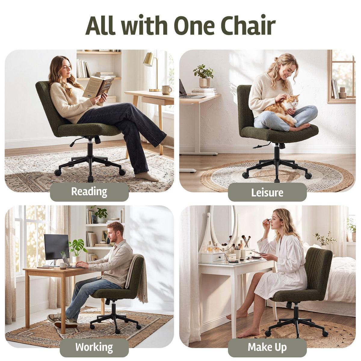 Artiss Armless Cross Legged Office Chair Wide Seat Vanity Chair Teddy Fleece Green-Furniture > Office > Office & Desk Chairs-PEROZ Accessories