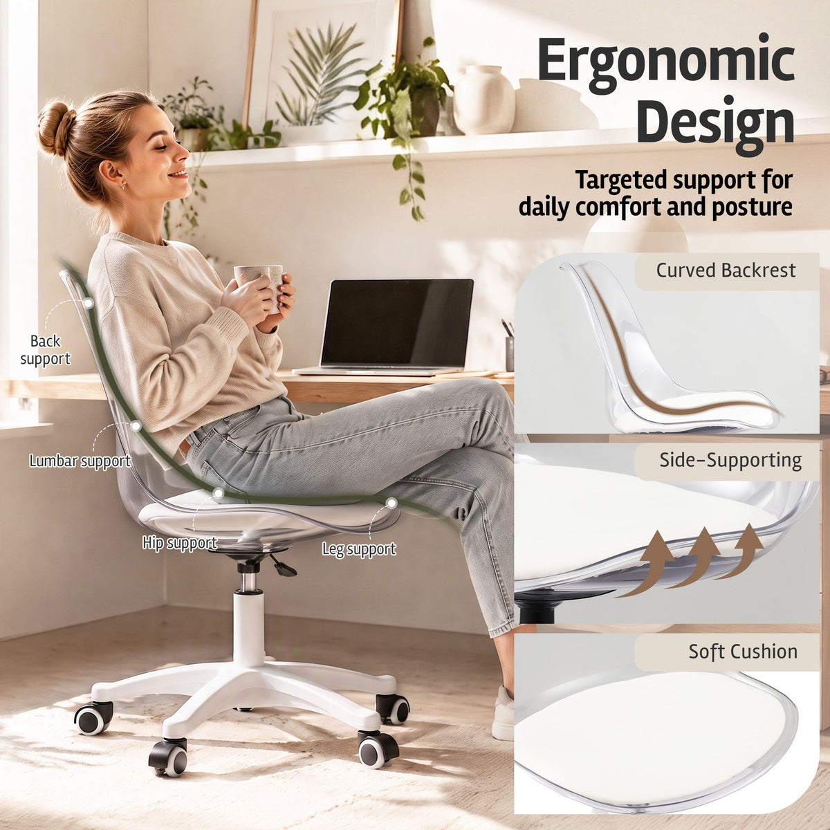 Artiss Clear Acrylic Office Chair Armless Swivel Vanity Desk Chair Mondern White-Furniture > Office > Office & Desk Chairs-PEROZ Accessories