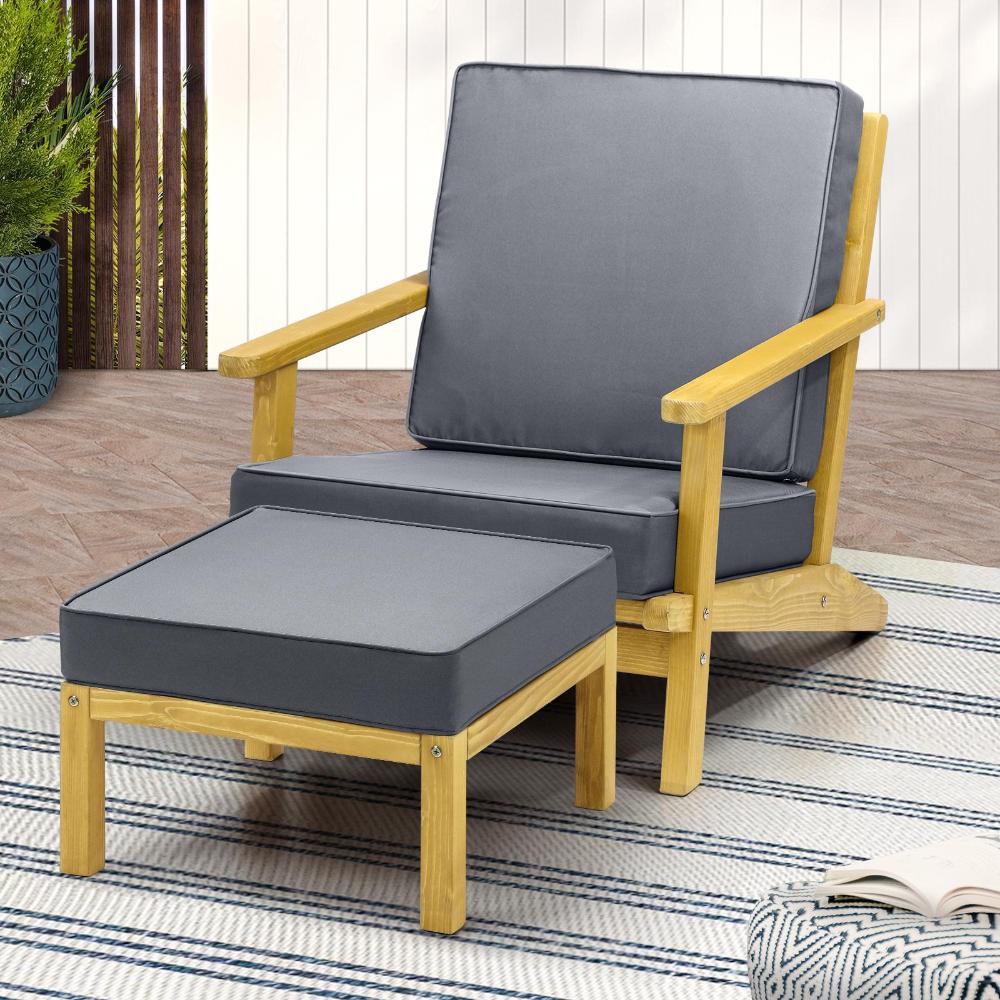 Livsip Outdoor Armchair Wood Sun Lounge with Foot Stool-Outdoor Patio Sets-PEROZ Accessories