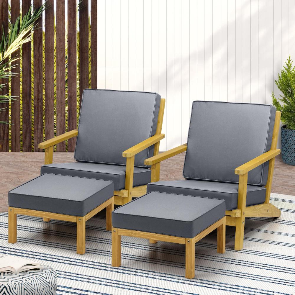Livsip 2PCS Outdoor Armchair Wooden Sun Lounge with Foot Stool-Outdoor Patio Sets-PEROZ Accessories