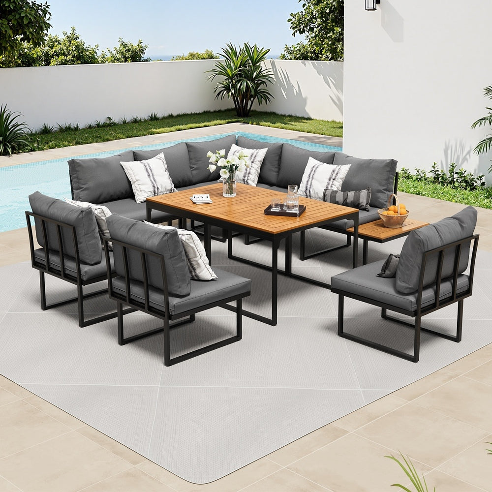 Livsip 8 Seater Outdoor Dining Sofa Set with Side Table Grey-Outdoor Dining Set-PEROZ Accessories
