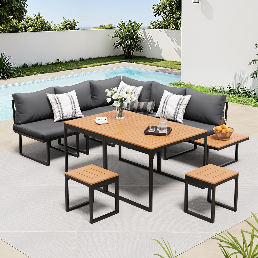 Livsip 7 Seater Outdoor Dining Set Sofa Lounge Patio Table Stool Grey-Outdoor Dining Set-PEROZ Accessories