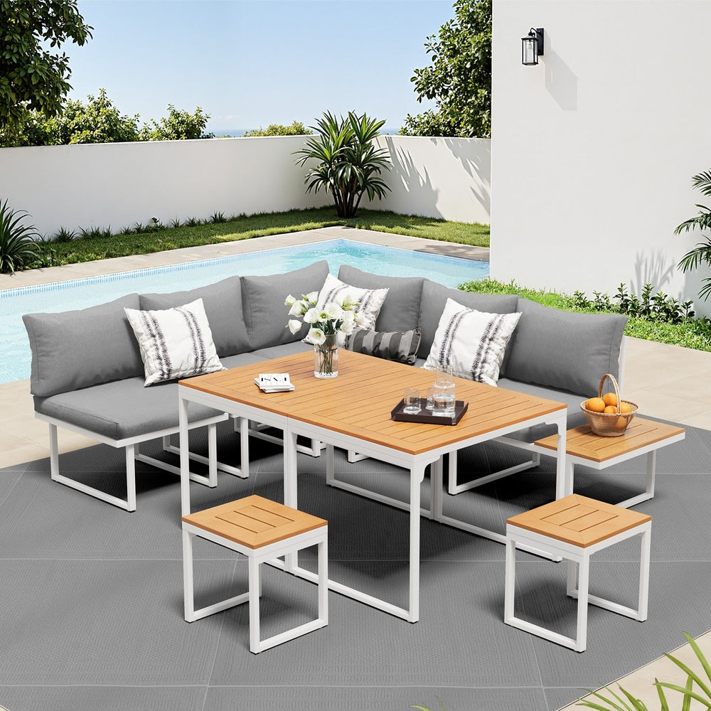 Livsip 7 Seater Outdoor Dining Set Sofa Lounge Patio Table Stool White-Outdoor Dining Set-PEROZ Accessories