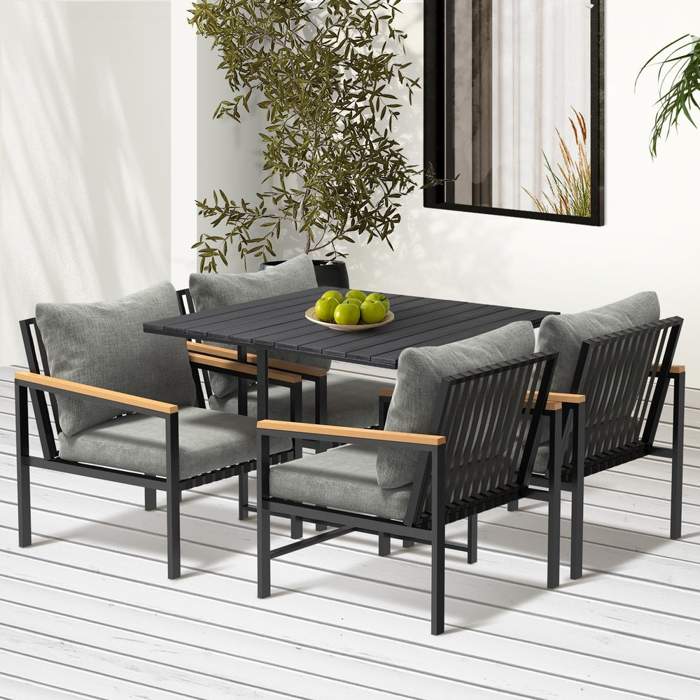 Livsip 4 Seater Outdoor Dining Set Wood-Plastic Black Table and Sofa Chairs-Outdoor Dining Set-PEROZ Accessories