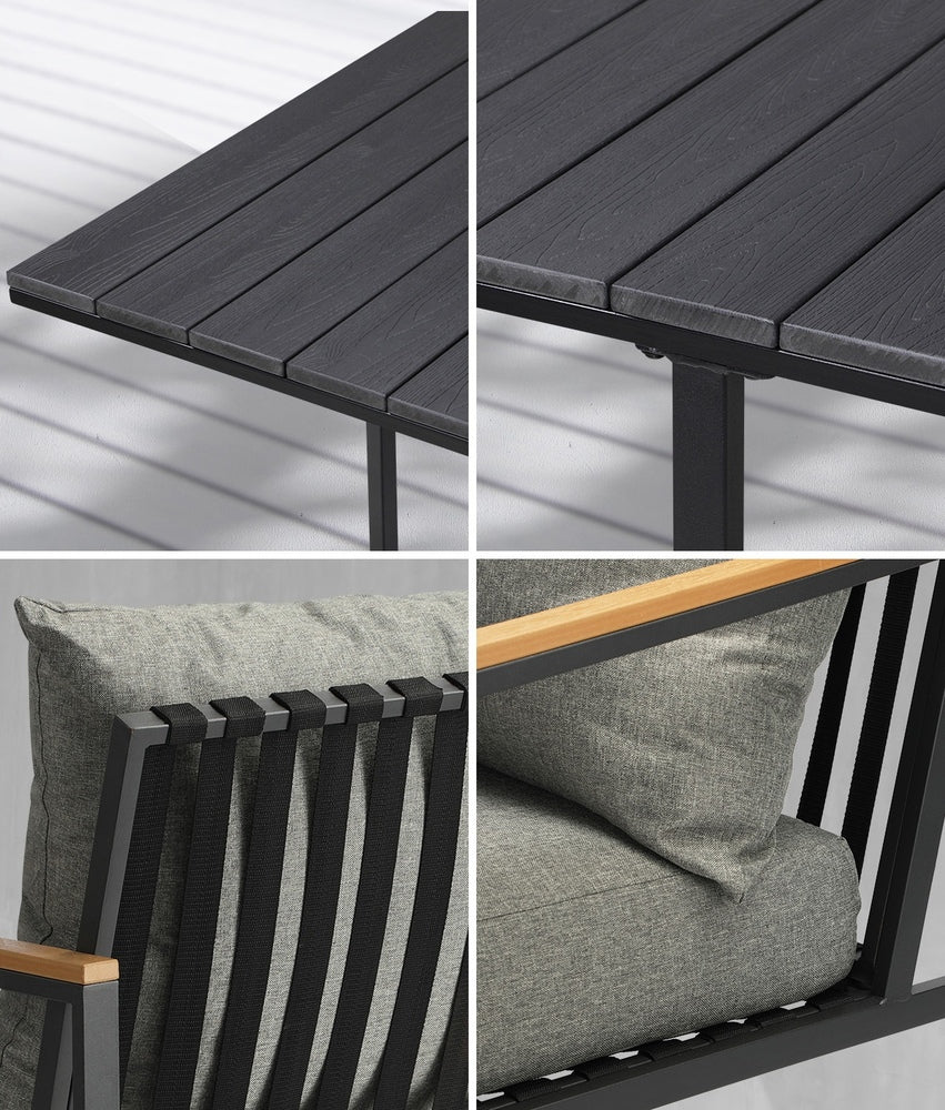 Livsip 4 Seater Outdoor Dining Set Wood-Plastic Black Table and Sofa Chairs-Outdoor Dining Set-PEROZ Accessories