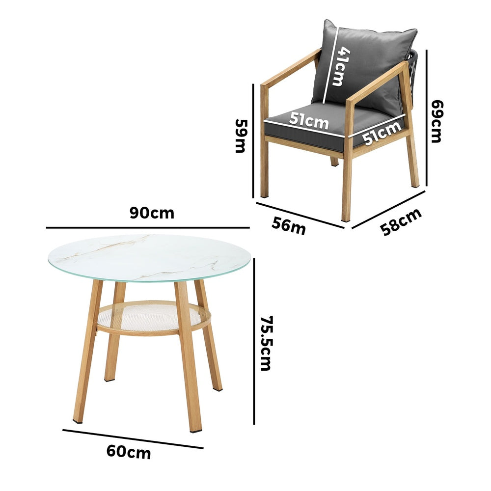Livsip 3PCS Outdoor Dining Set 90cm Table Lounge Chairs-Outdoor Dining Set-PEROZ Accessories