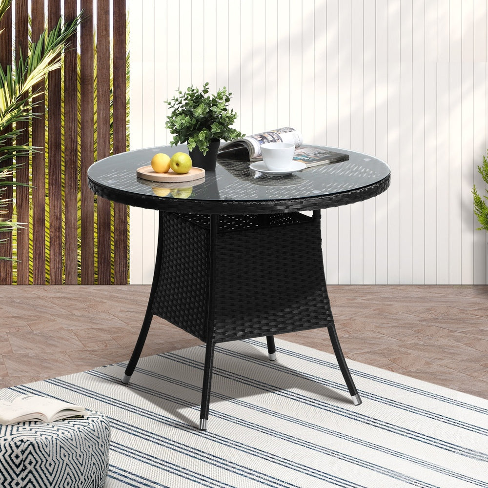 Livsip Outdoor Dining Table 90CM Round Rattan Glass Table Patio Furniture Black-Outdoor Dining Sets-PEROZ Accessories