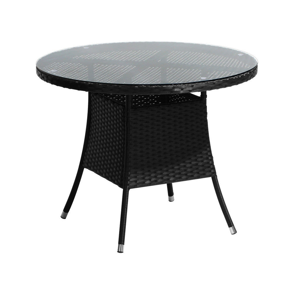 Livsip Outdoor Dining Table 90CM Round Rattan Glass Table Patio Furniture Black-Outdoor Dining Sets-PEROZ Accessories